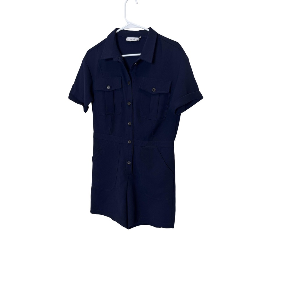 Greylin Romper Womens Small Blue Short Sleeve Collared Button Front Pockets